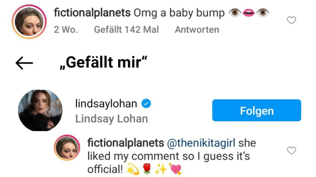 Lindsay Lohan kommentiert einen Fan-Kommentar zu den Baby-Gerüchten.